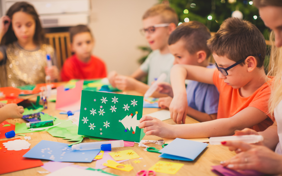 Kids creating Christmas cards